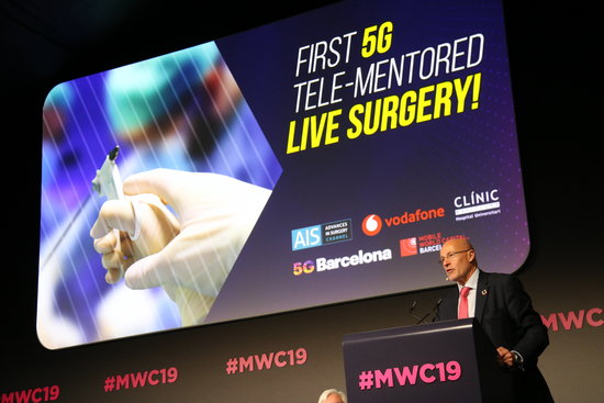 CEO of Mobile World Capital Barcelona Carlos Grau speaks at the conference before the first 5G tele-mentored live surgery on February 27 2019 (Mar Vila)